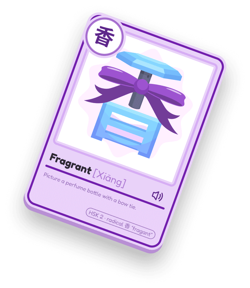 The same card flipped: 香 drawn as a perfume bottle with a bow tie